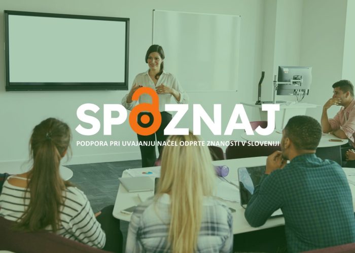 Logotip projekta SPOZNAJ in študenti v učilnici